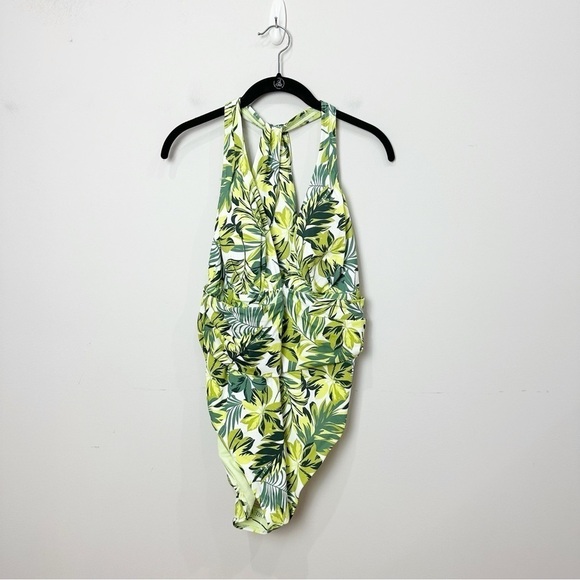 Adore Me Monroe One Piece Swimsuit Green Floral Deep V - Picture 1 of 6